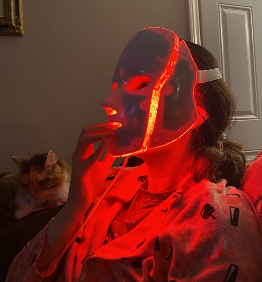 wearing my led mask at home